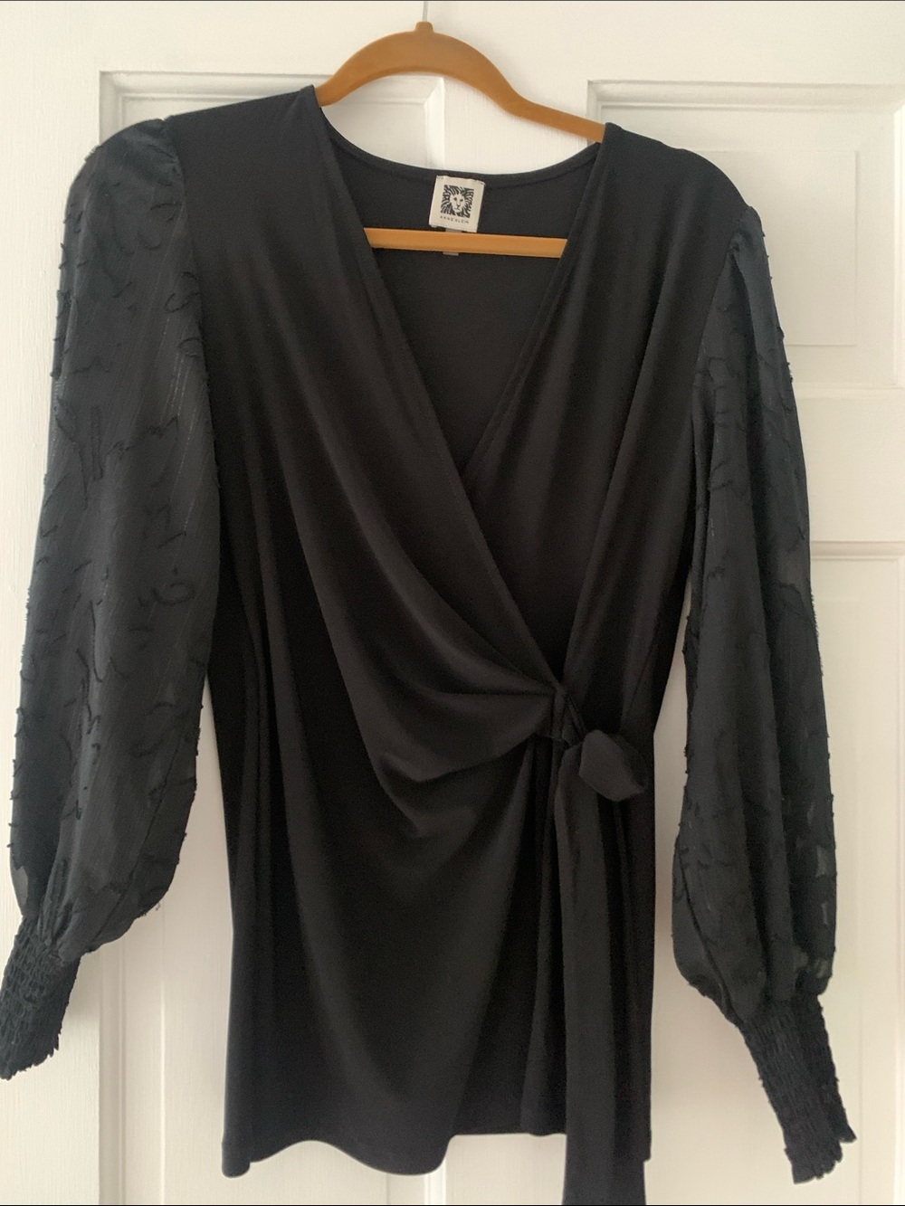 Anne Klein Faux Black Wrap Top with Sheer long Puff Sleeves sz S